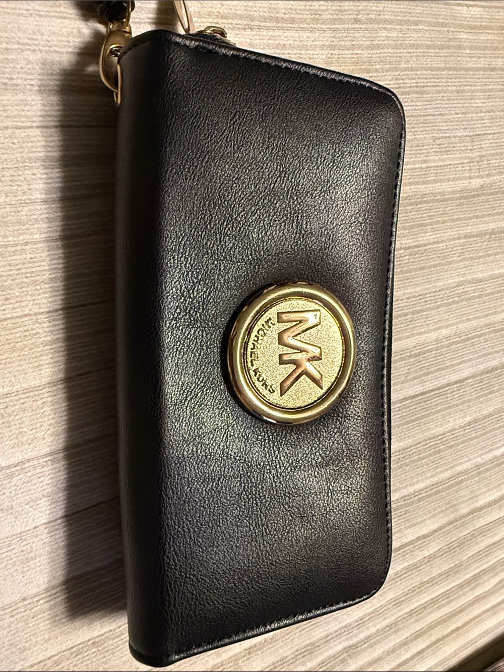 Michael Kors Black Leather Zip Card Holder with Gold MK Emblem